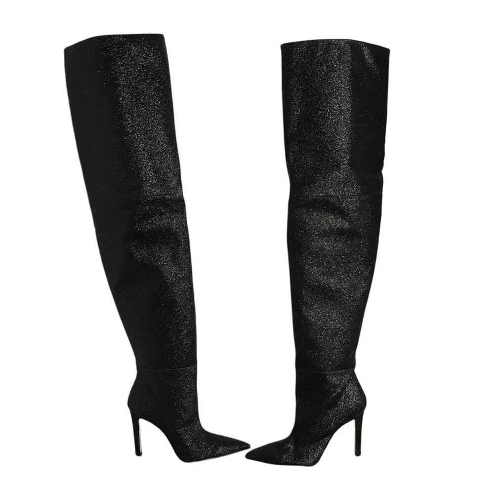 Black Glitter Thigh High Stiletto Boots Women's Sparkle Glamorous‎ Party Shoes